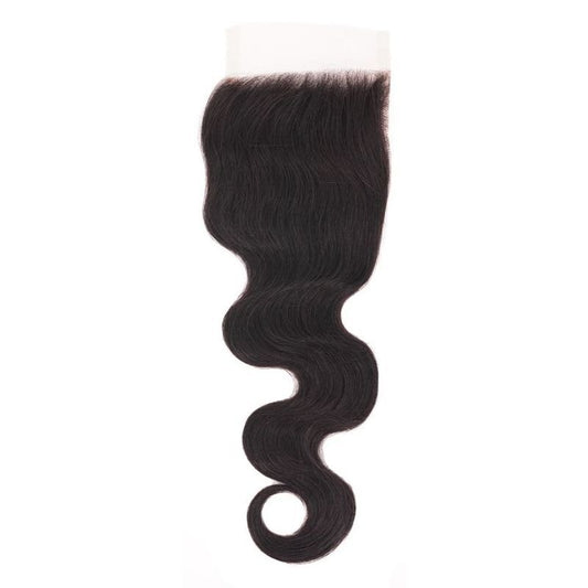 A Brazilian Body Wave 4x4 HD Closure from hairdiamondz, featuring a wavy black extension with an S-shaped body wave pattern, crafted from virgin hair and presented on a white background.