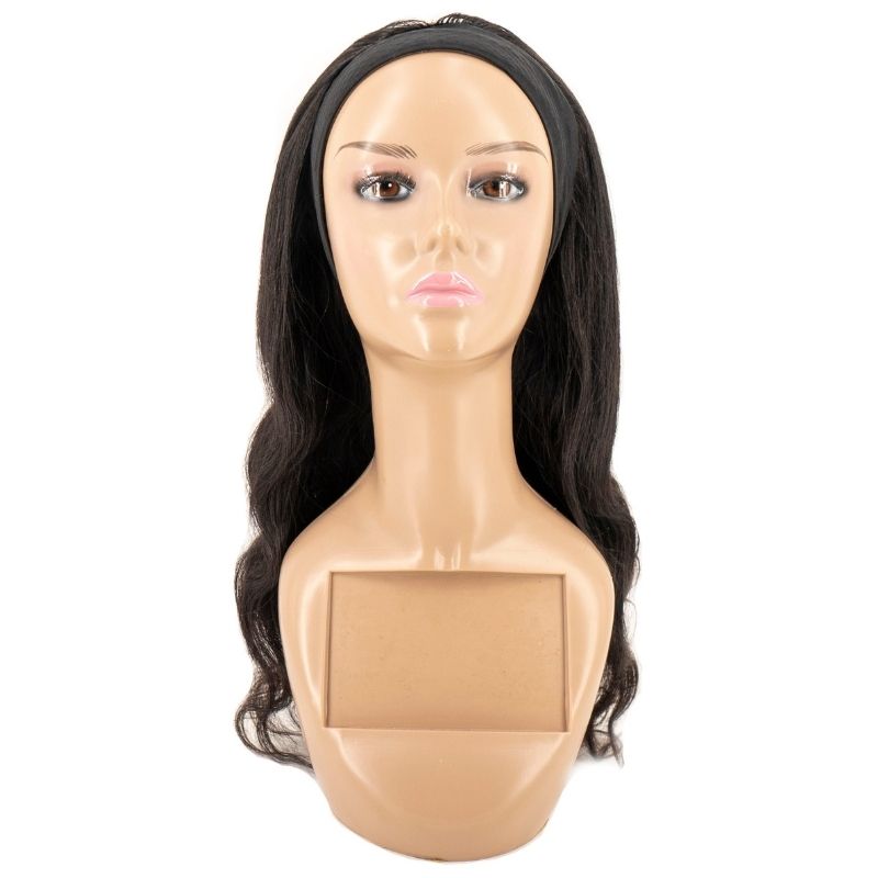 The Front View of a Body Wave Headband Wig on a Mannequin