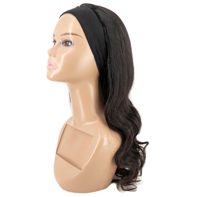 The Side View of a Body Wave Headband Wig on a Mannequin