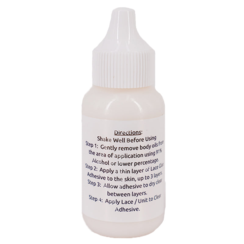 A small white bottle with a pointed tip includes instructions: Shake well; use 91% alcohol to remove body oils; apply thin layers of non-toxic, waterproof Lace Paste Xtra Hold (Lace Frontal Glue) up to 3 times; allow adhesive to dry clear between applications; attach the lace unit to the transparent adhesive. Brand: hairdiamondz.