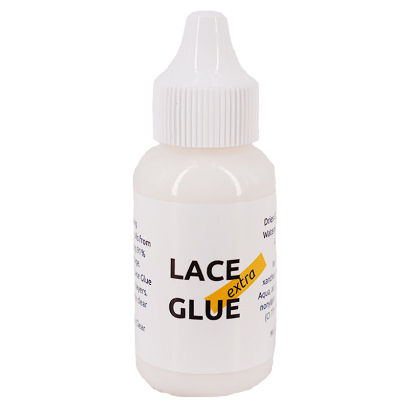 A white plastic bottle from hairdiamondz, featuring a screw-on nozzle cap, contains Lace Paste Xtra Hold (Lace Frontal Glue). The label reads the product name in bold black letters with a yellow highlight. Non-toxic and waterproof, this bottle also includes measurement markings and ingredient details.