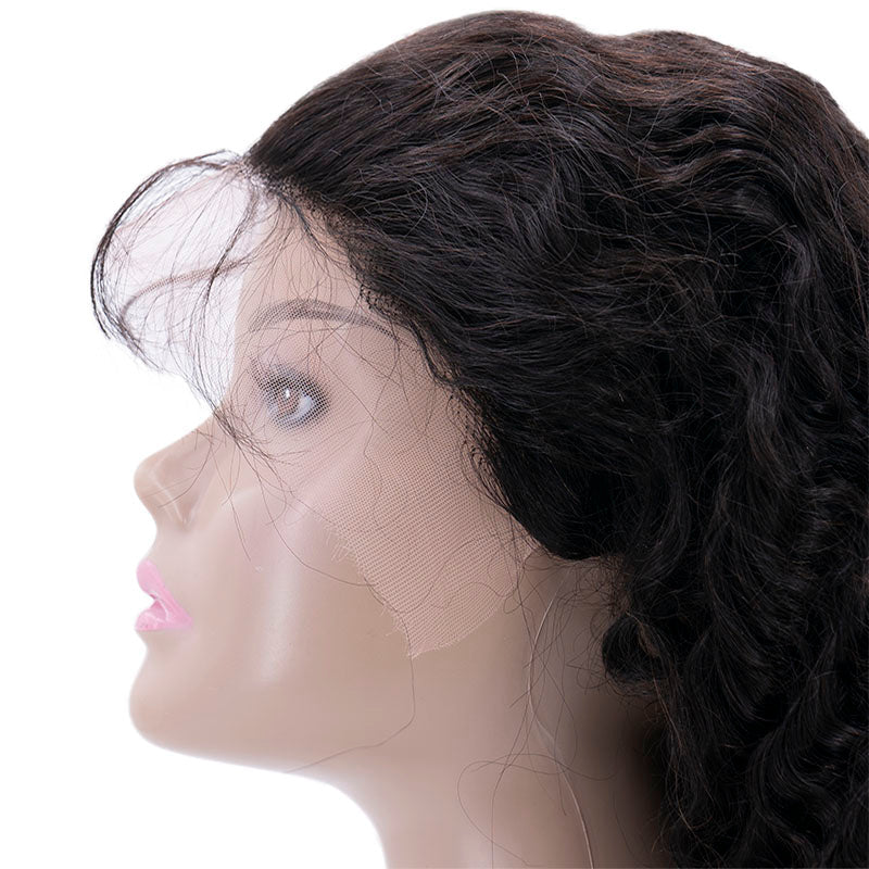 A mannequin head with wavy black hair is displayed in profile view, wearing a hairdiamondz HD Deep Wave Lace Front Wig. The lace front wig features HD Lace along the hairline, highlighting pink lips and a smooth complexion while accentuating the elegance of virgin hair.