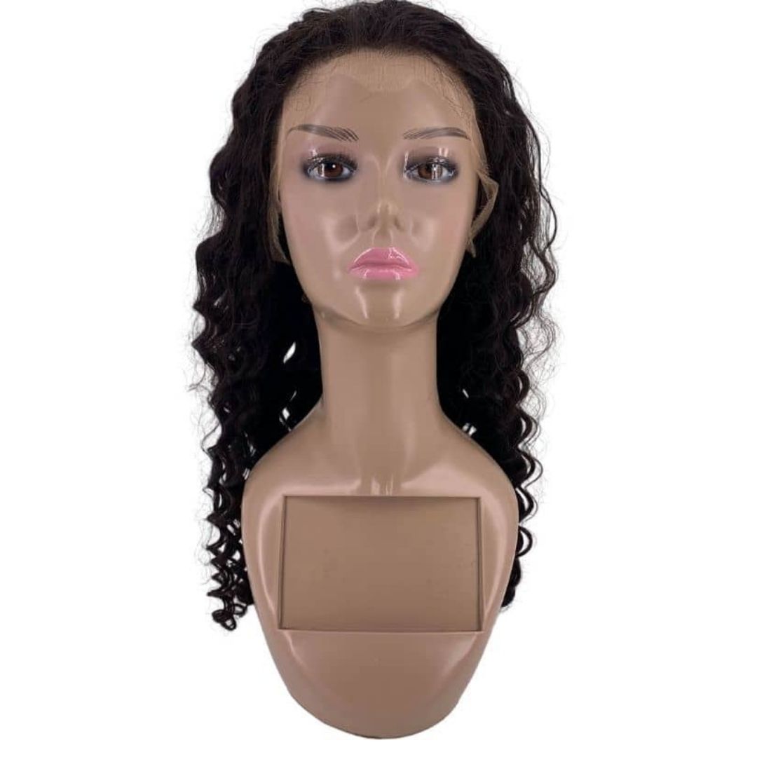 A mannequin bust elegantly showcases the hairdiamondz HD Deep Wave Lace Front Wig, characterized by long, curly black hair and realistic facial features such as large eyes and pink lips, set against a plain white background.