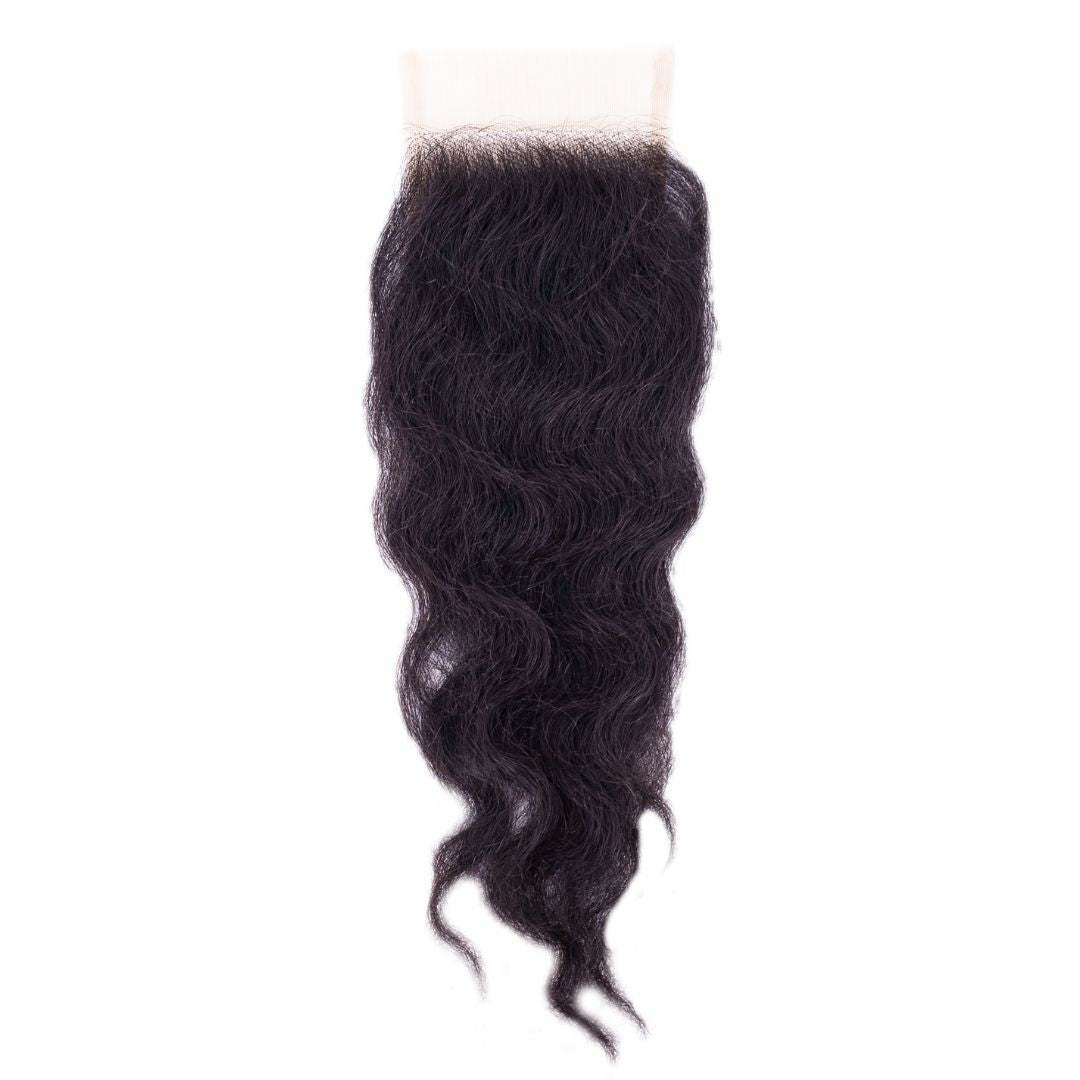 Raw Indian Curly Closure by hairdiamondz: a luxurious section of wavy, dark brown 100% human hair, featuring a transparent lace closure. The natural texture gracefully cascades in loose waves and tapers slightly towards the end.