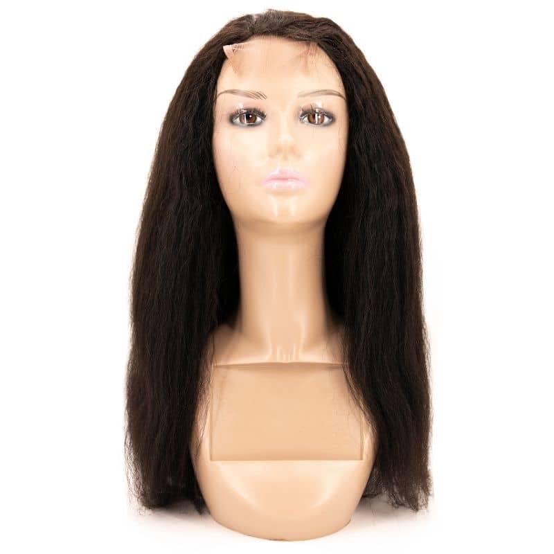 A mannequin head showcases the Kinky Straight Transparent Closure Wig by hairdiamondz, displaying straight, medium-length locks in a dark brown shade. The wig is expertly attached, emphasizing its texture and style against a plain white background.